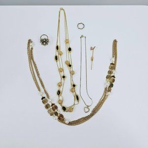 Assorted Bundle of Costume Jewelry Necklaces Rings Stick Pen Gold Metal Art Deco